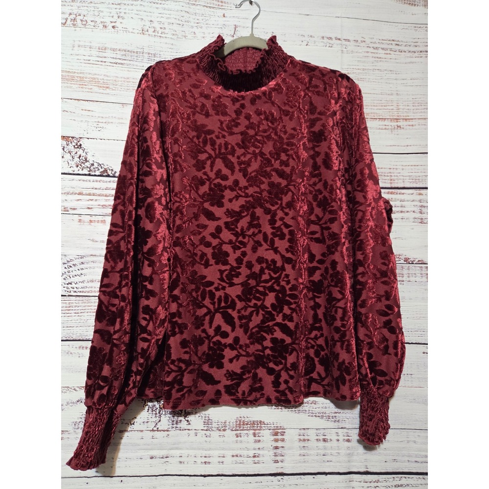 Maurices Women 2X Burgundy Velvet Burnout Mock Neck Smocked Blouse Top